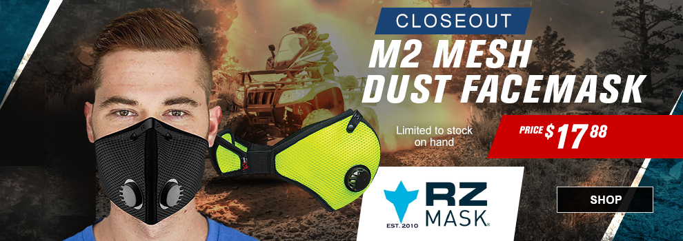 RZ Mask, Closeout, M2 Mesh Dust Facemask, Price $17 and 88 cents, limited to stock on hand, a man wearing the black mask along with the safety green mask, someone riding an ATV through down a trail in some dust, link, shop